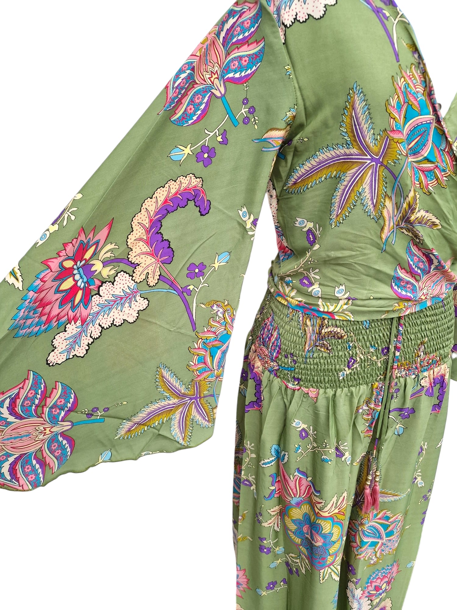 Fladdrande ärmar Croptop och vida byxor Tvådel set Grön med blommor