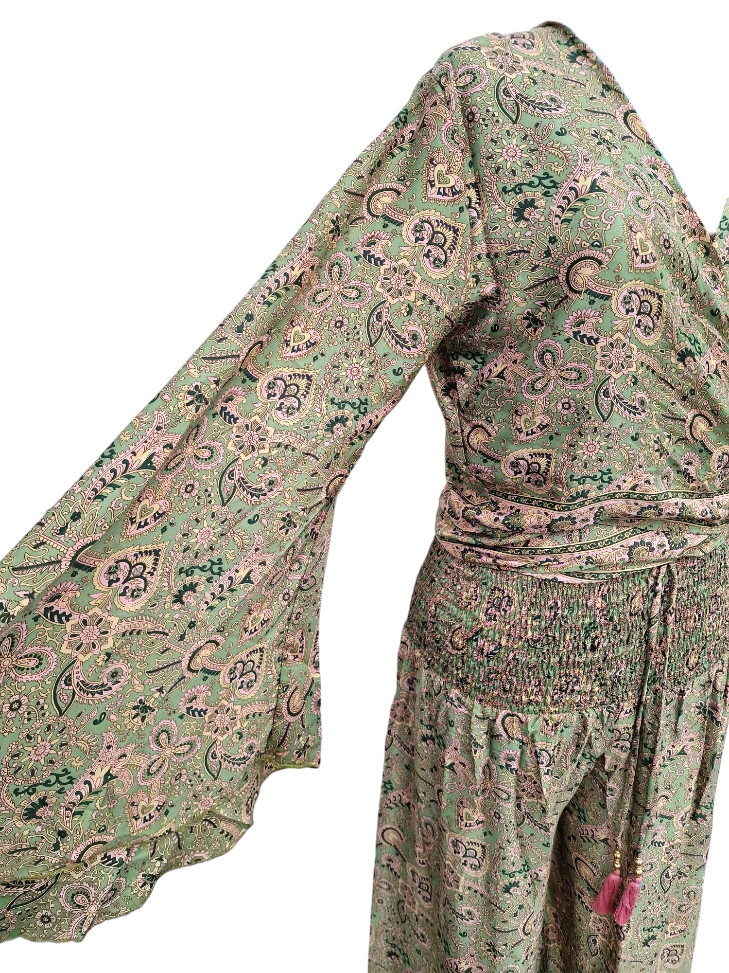 Fladdrande ärmar Croptop och vida byxor Tvådel set Ljusgrön med mönster