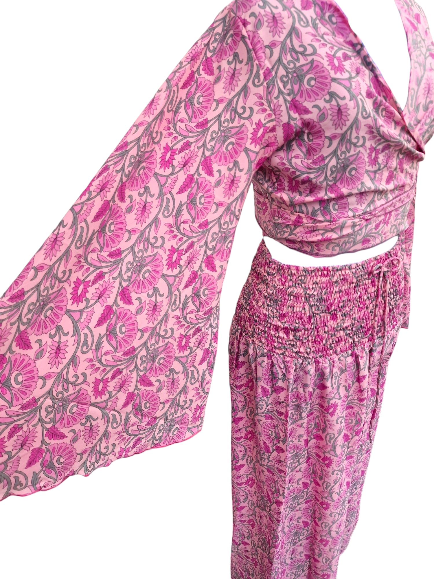 Fladdrande ärmar Croptop och vida byxor Tvådel set Ljusrosa med blommor