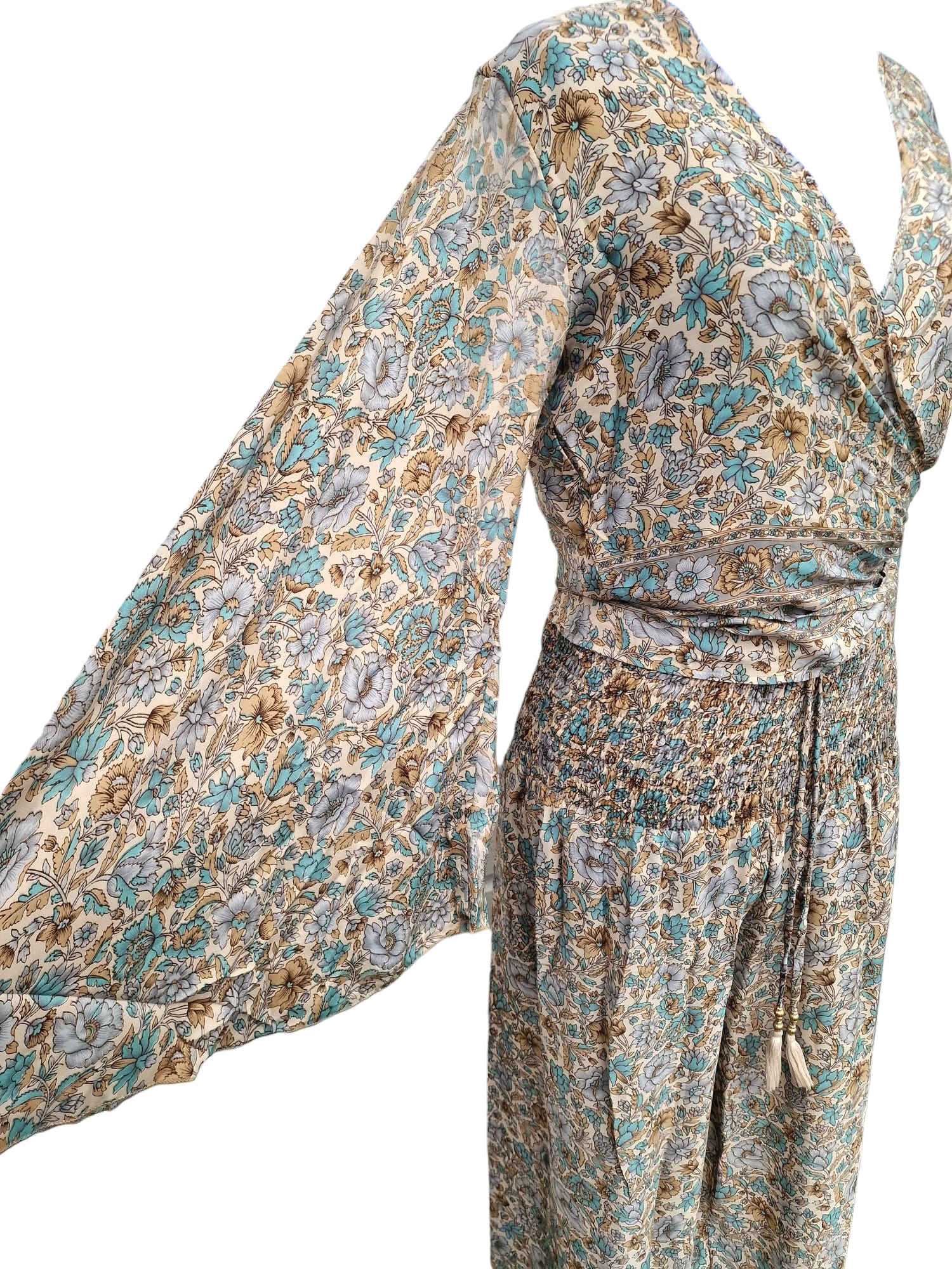 Fladdrande ärmar Croptop och vida byxor Tvådel set Turkos med blommor