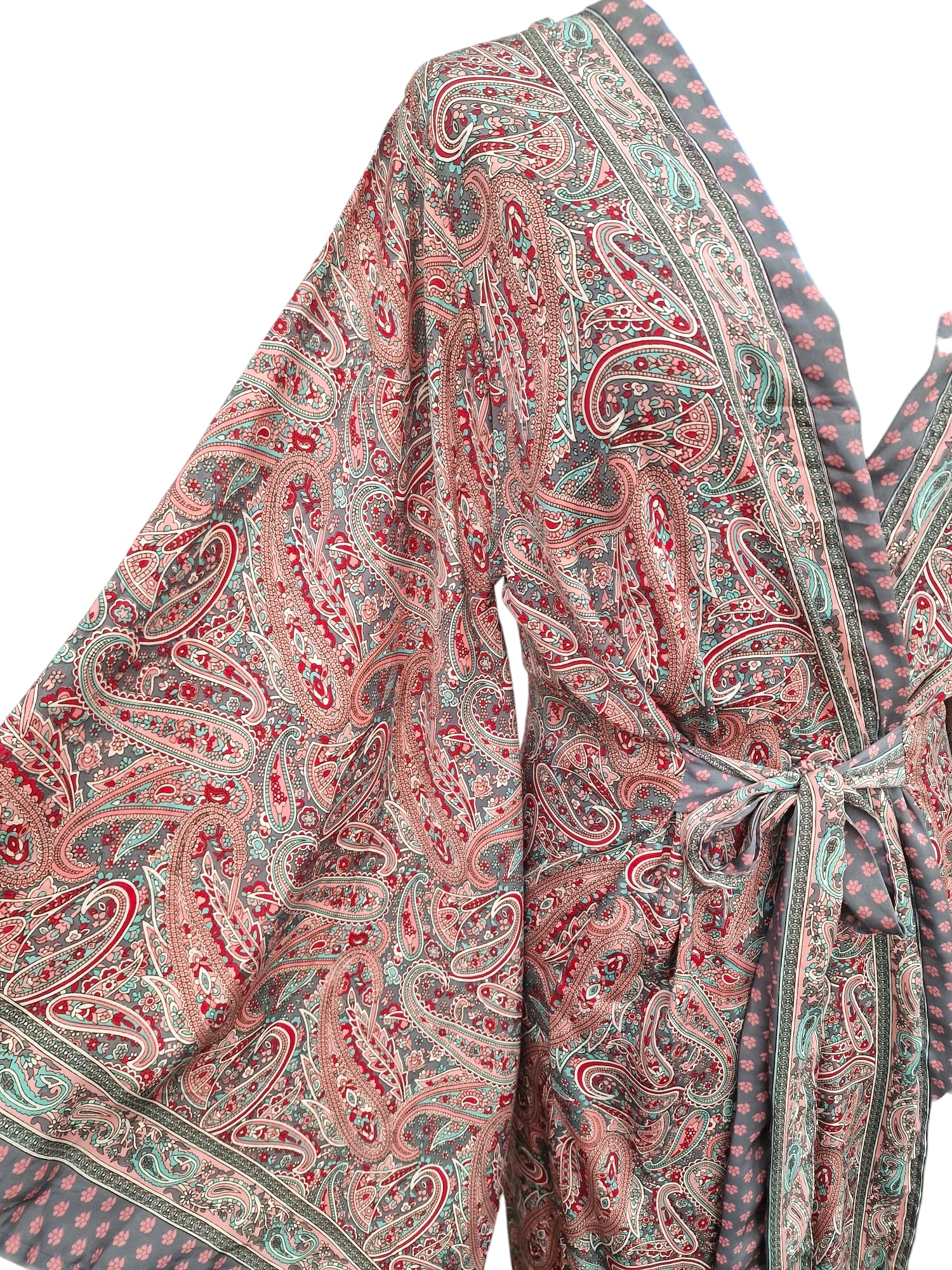 Öppen lång kaftan i silke med skärp Gammelrosa Ärm