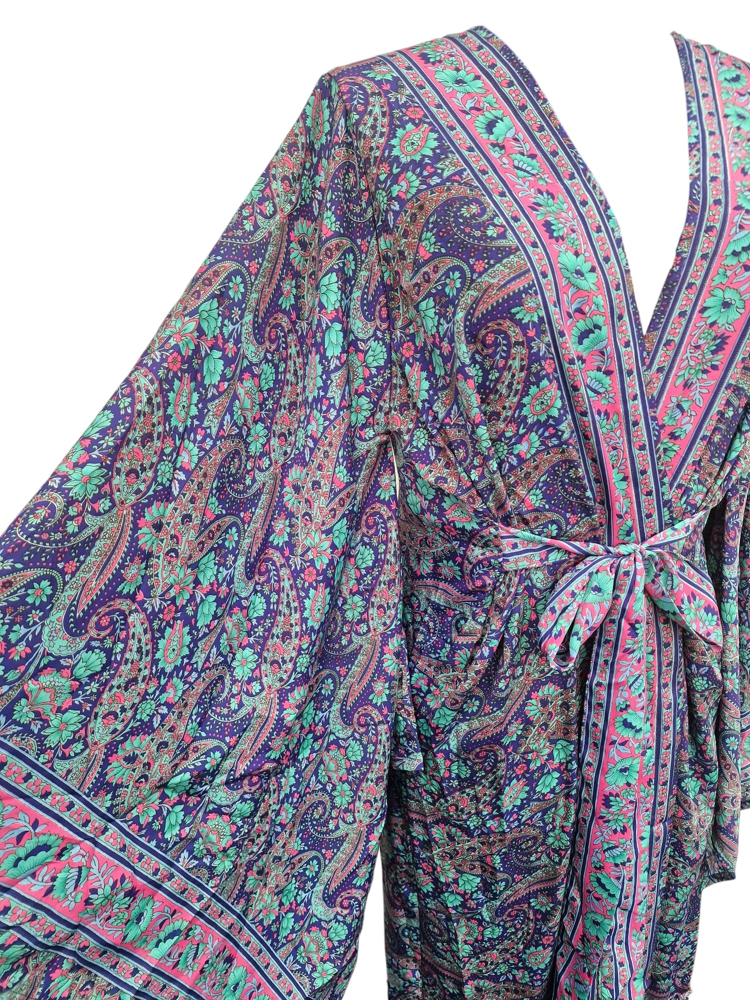 Öppen lång kaftan i silke med skärp Lila Ärm