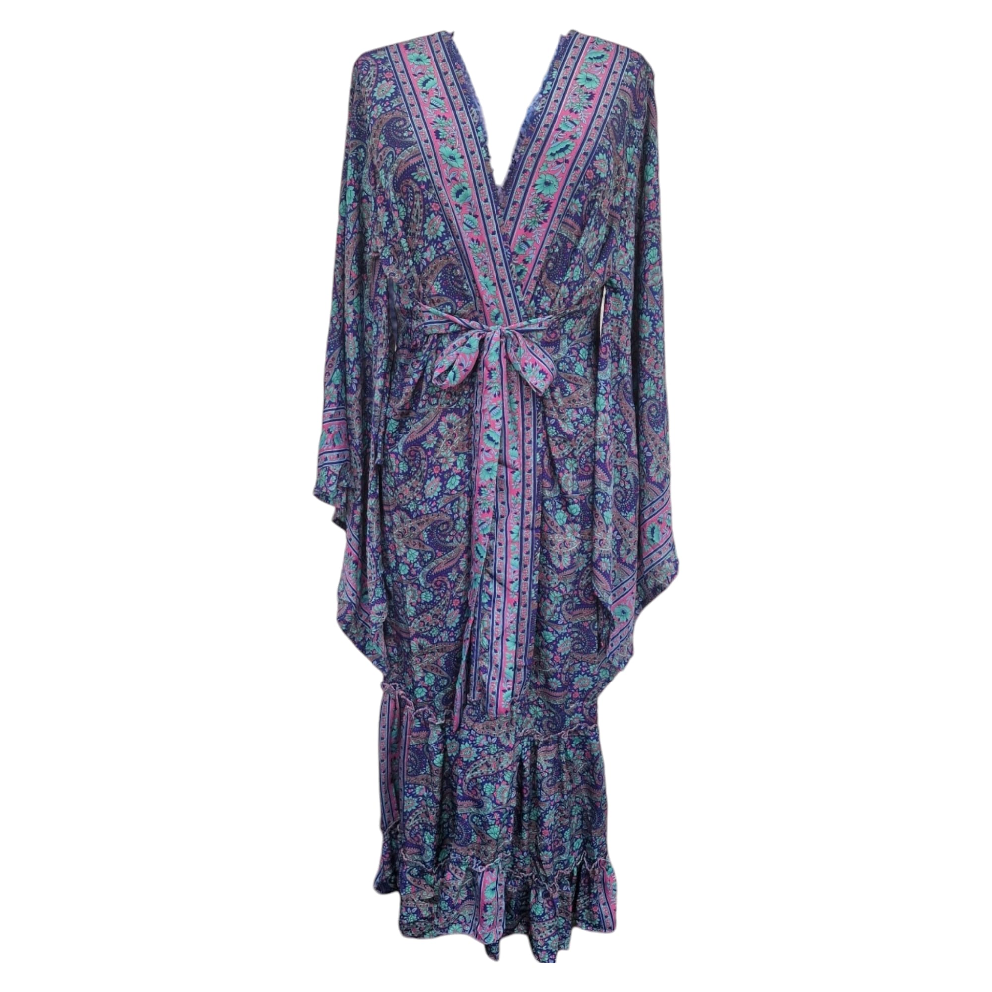 Öppen lång kaftan i silke med skärp Lila