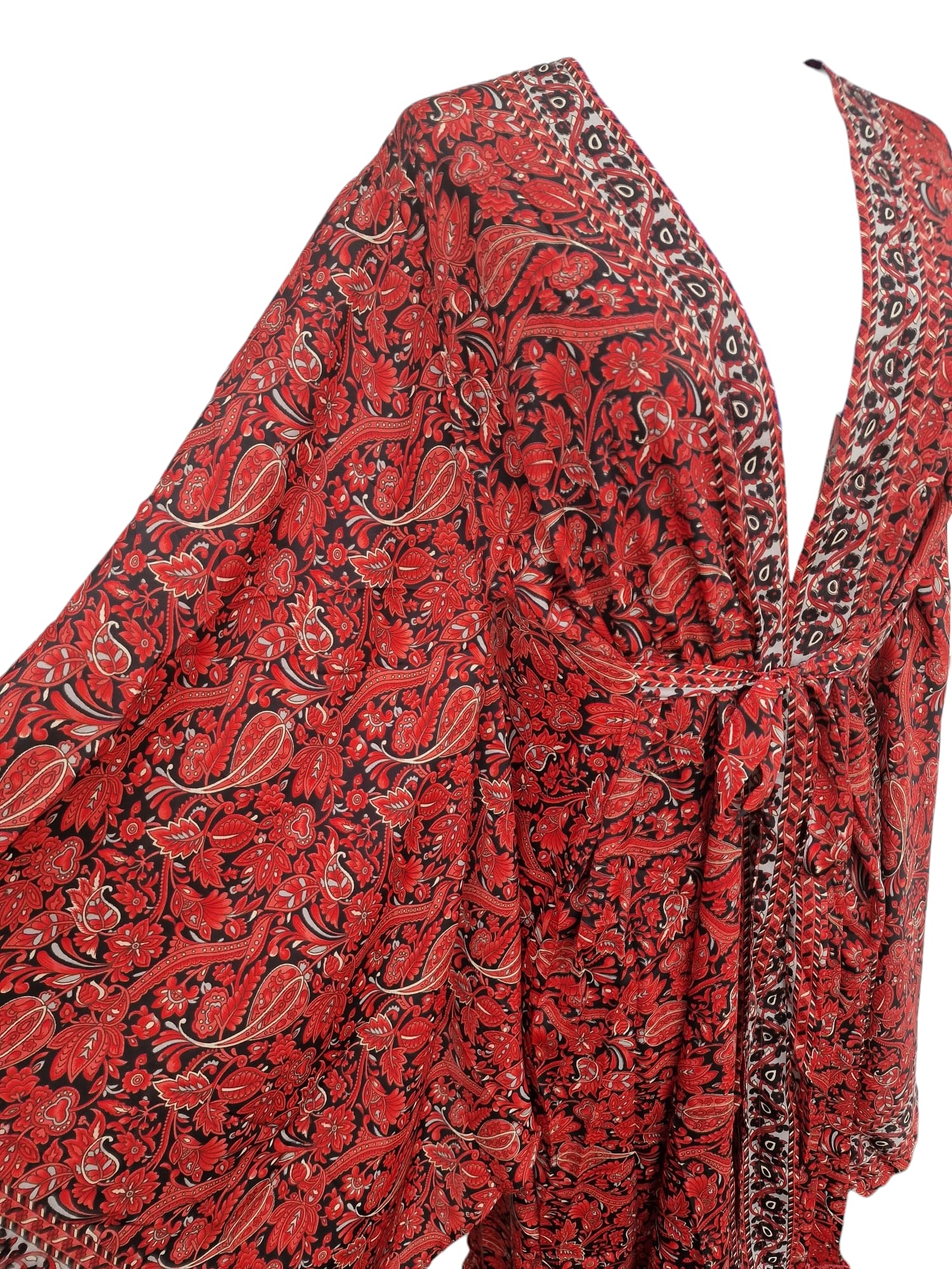 Öppen lång kaftan i silke med skärp Röd Ärm