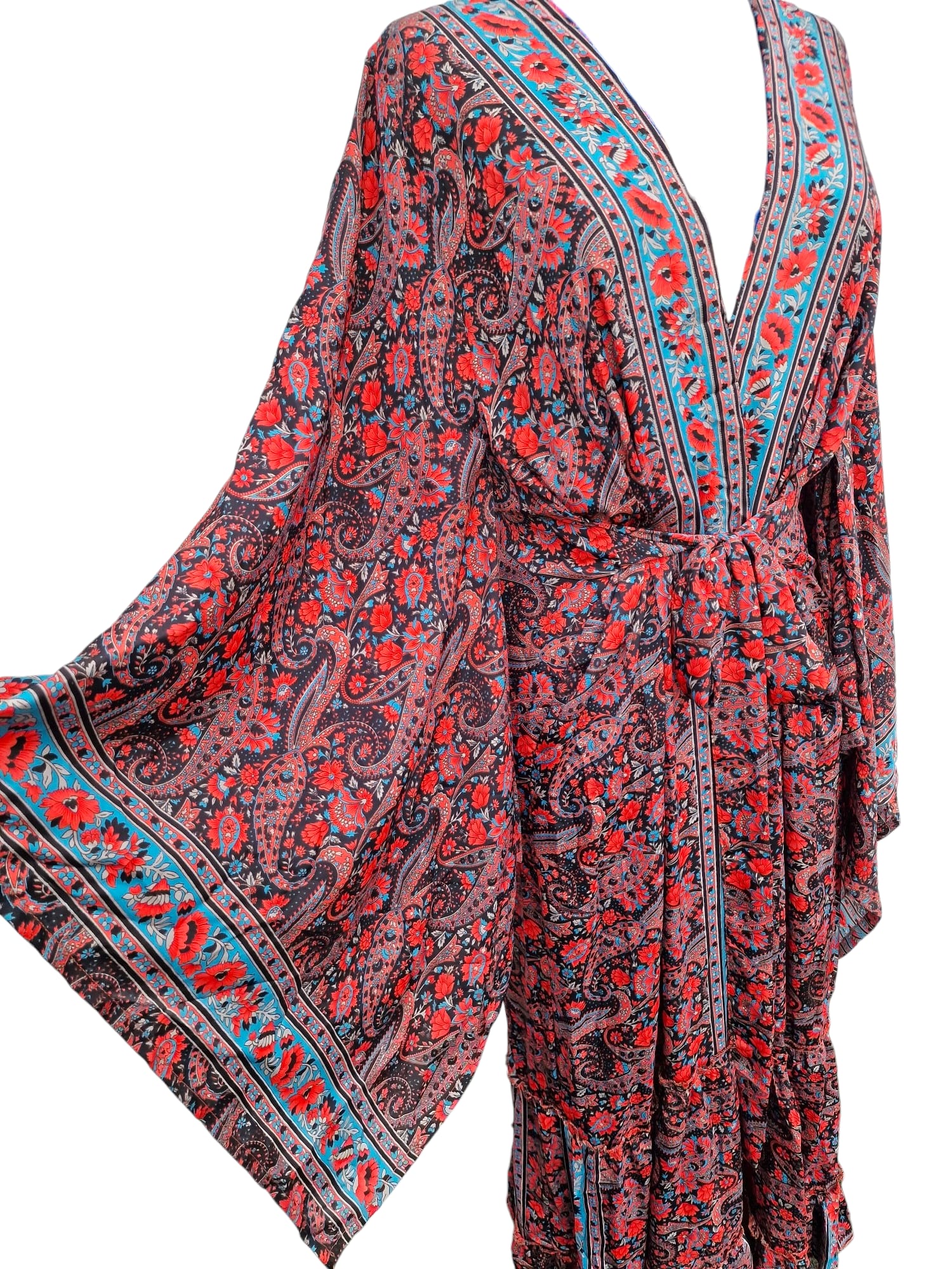 Öppen lång kaftan i silke med skärp Röd Turkos ärm