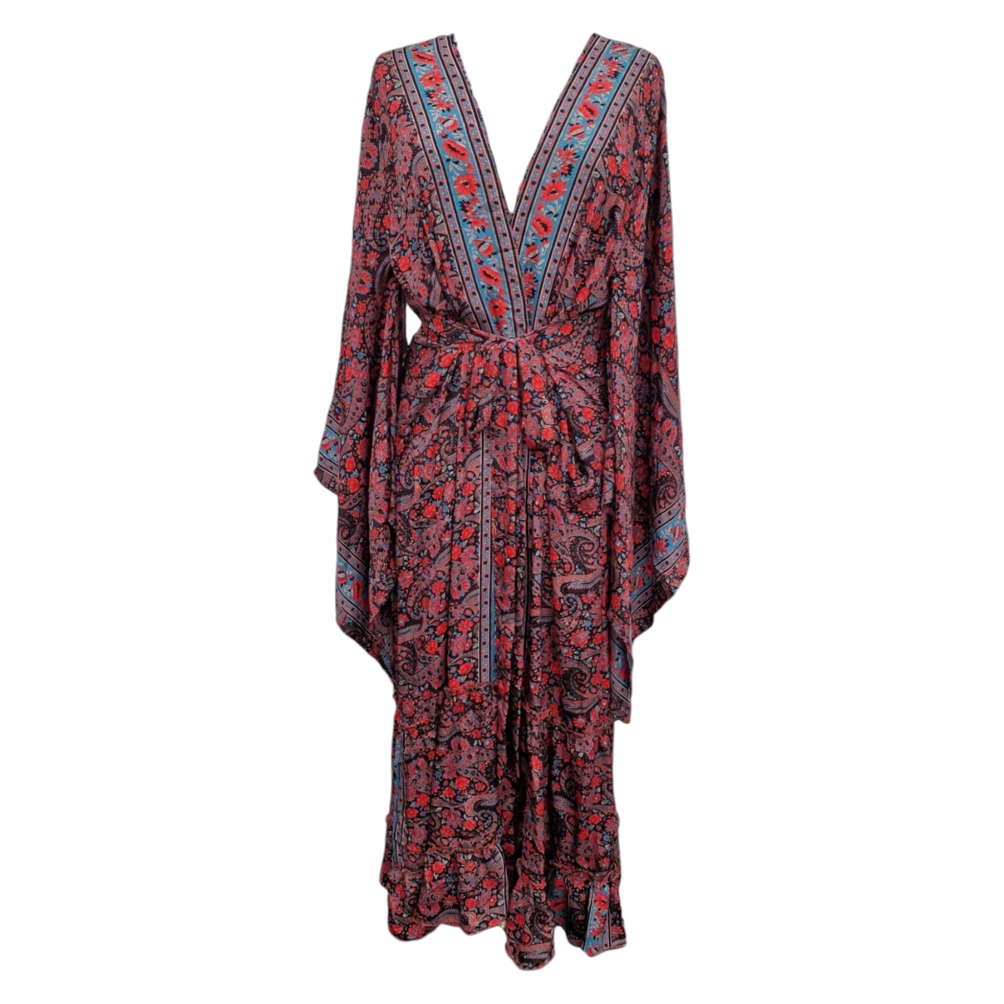 Öppen lång kaftan i silke med skärp Röd Turkos