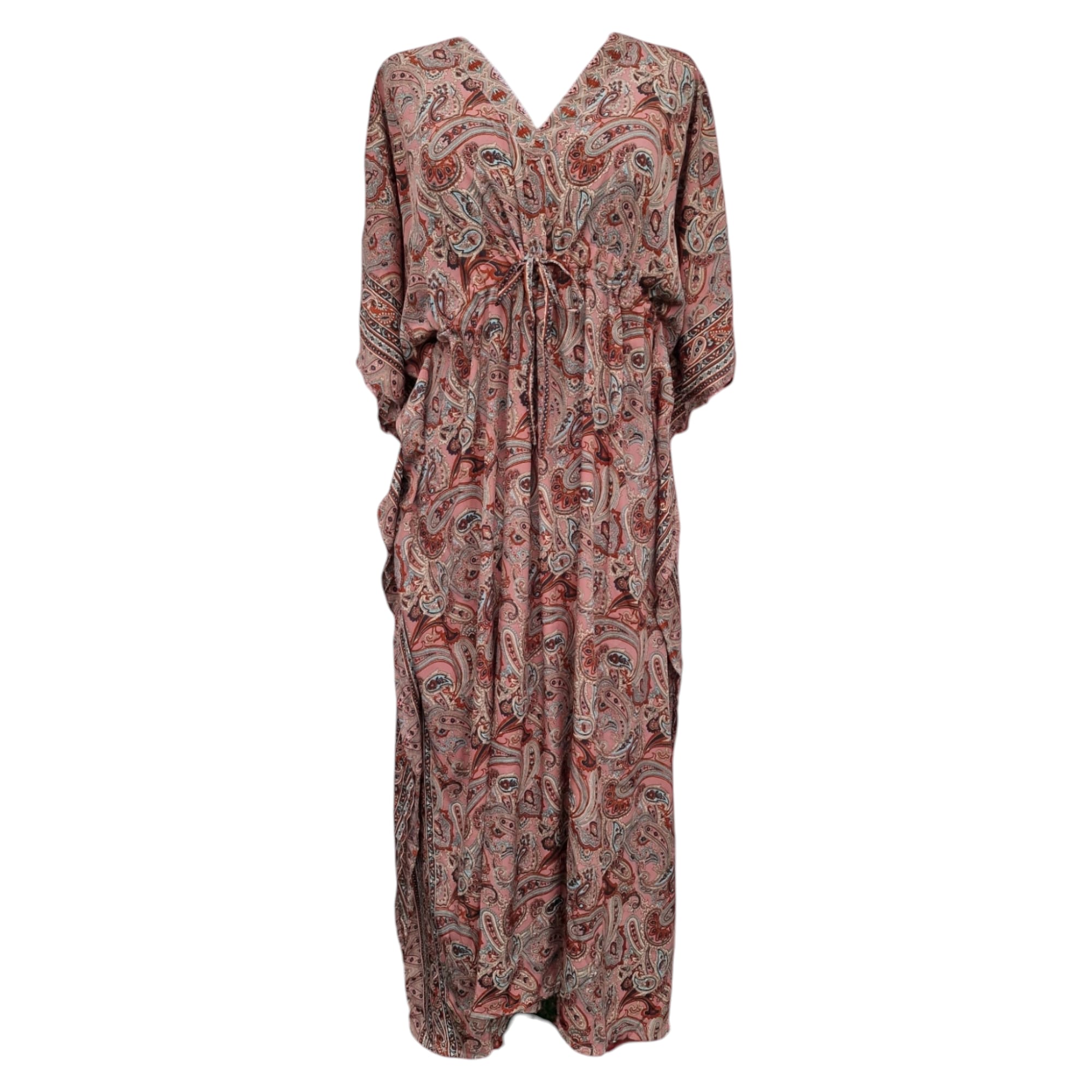 Bohemisk kaftan i silke med knytband i midjan Beige