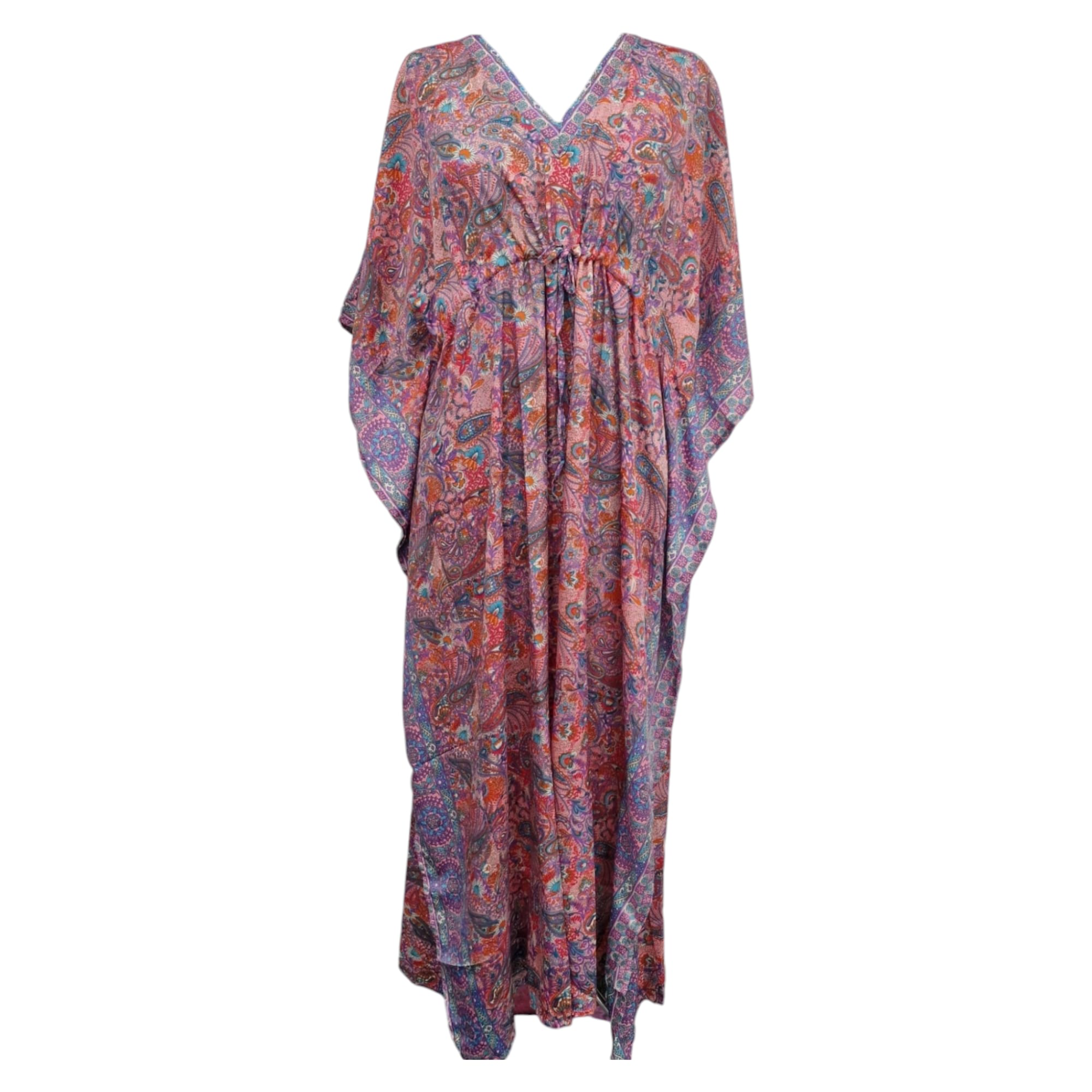 Bohemisk kaftan i silke med knytband i midjan Rosa