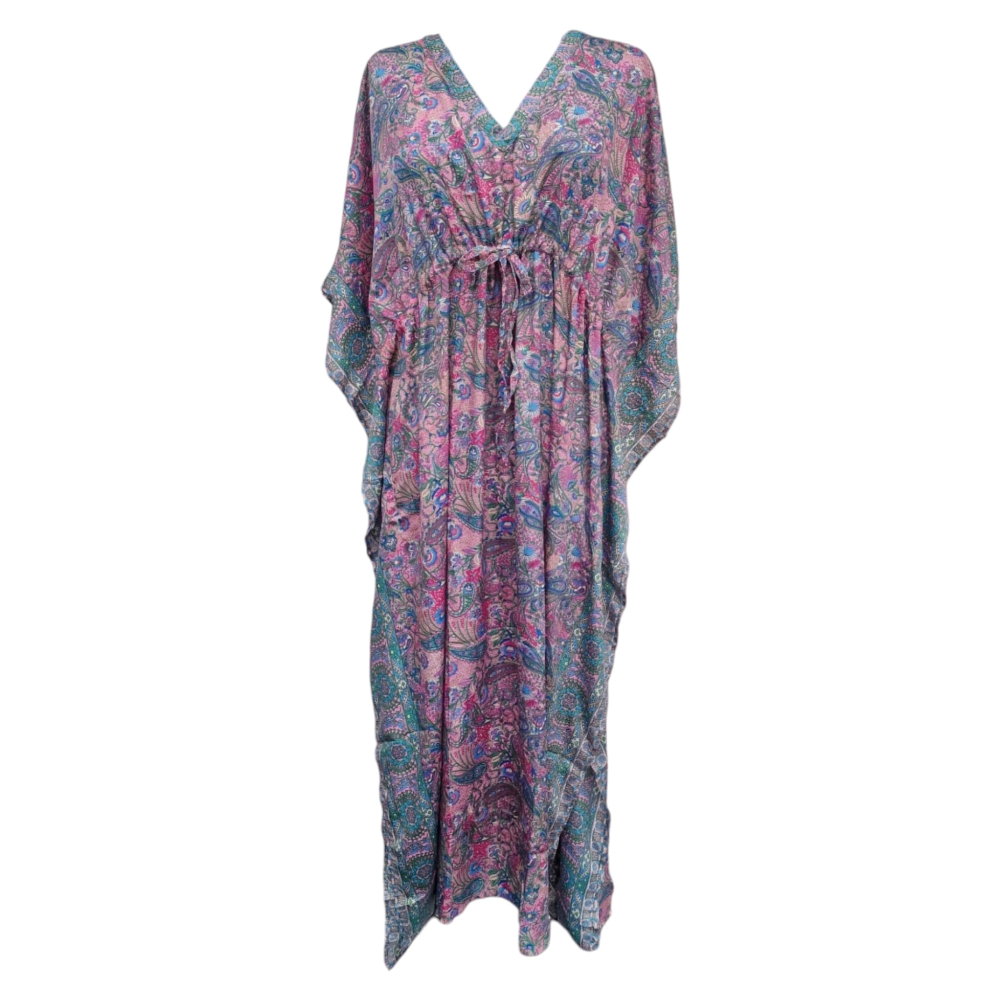Bohemisk kaftan i silke med knytband i midjan Turkos och Rosa