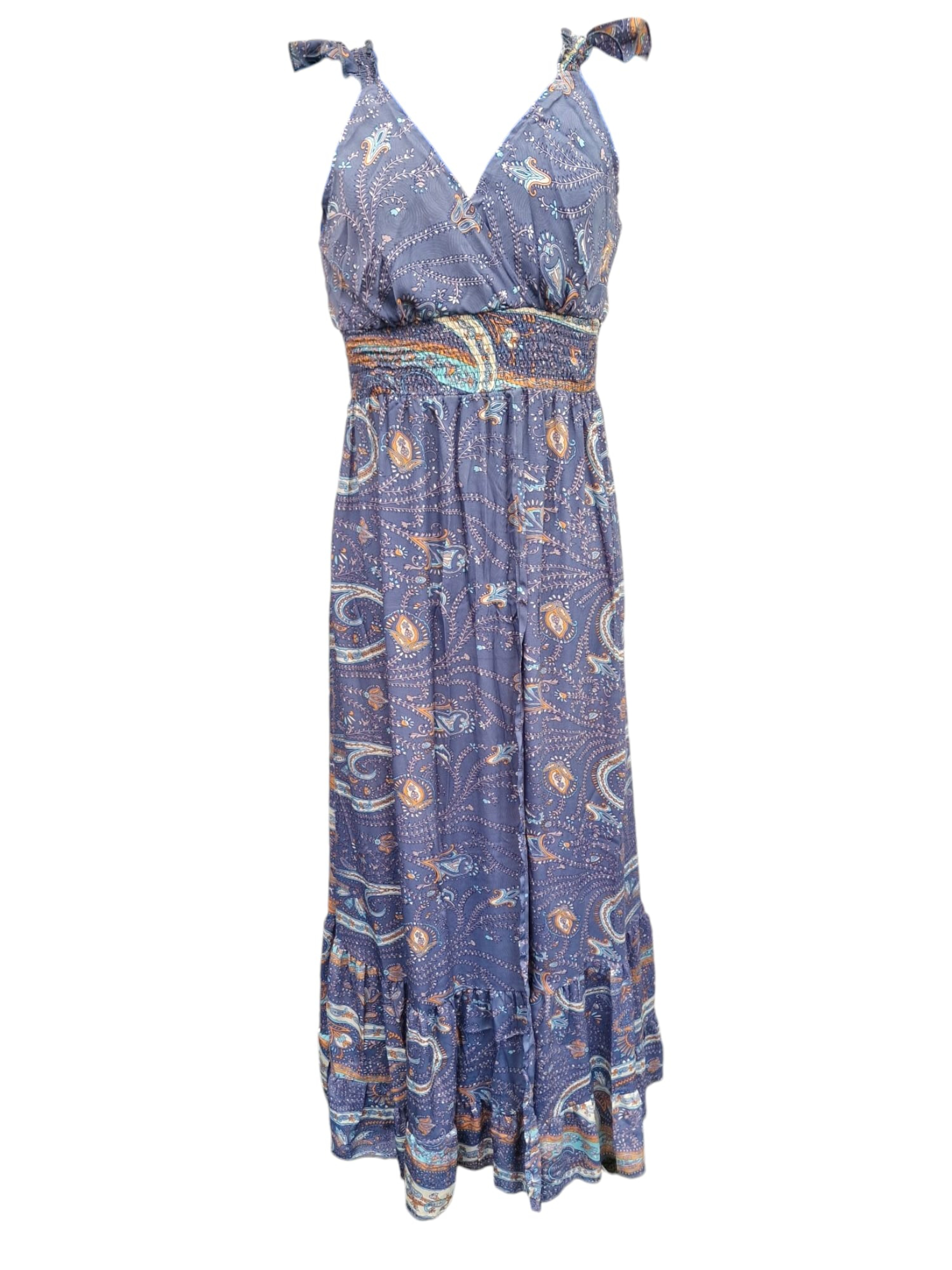 Långklänning med hög slits och smock Gråblå