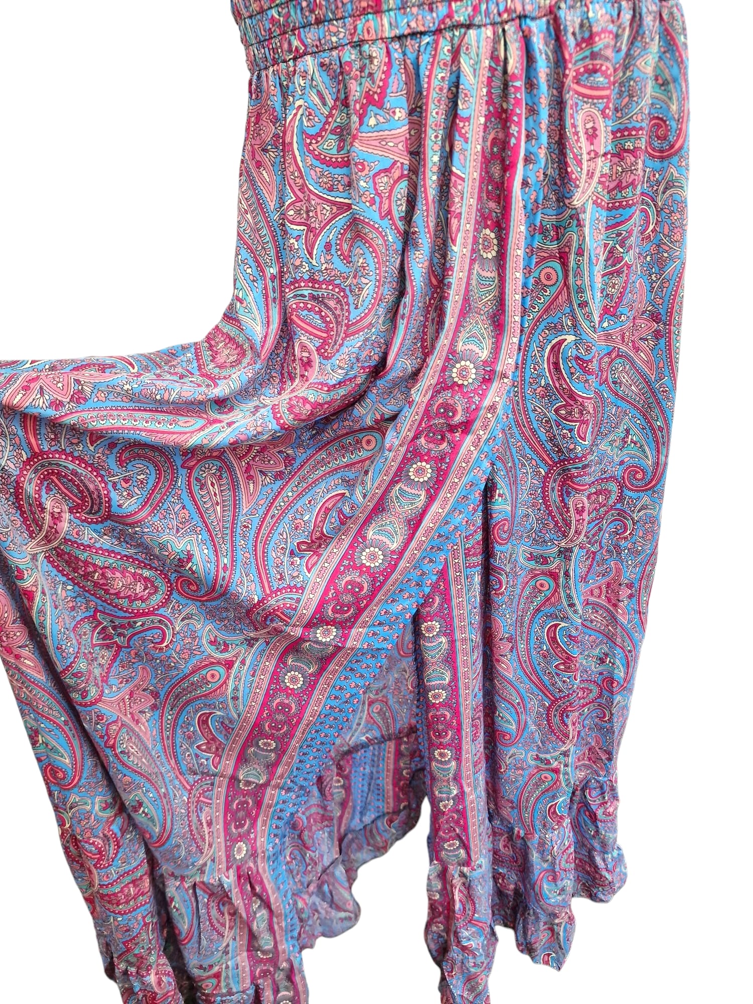 Långklänning med hög slits och smock Rosa och Turkos Paisley Kjol