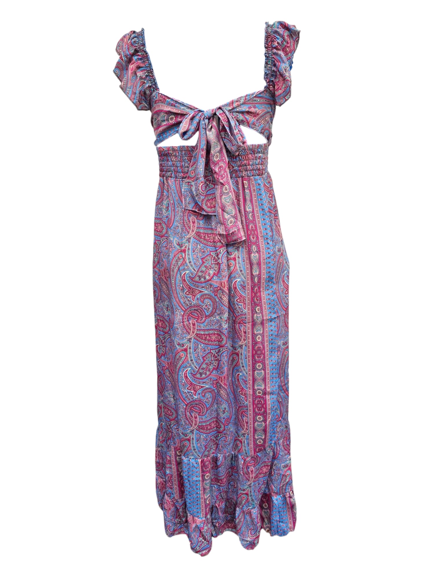 Långklänning med hög slits och smock Rosa och Turkos Paisley Rygg