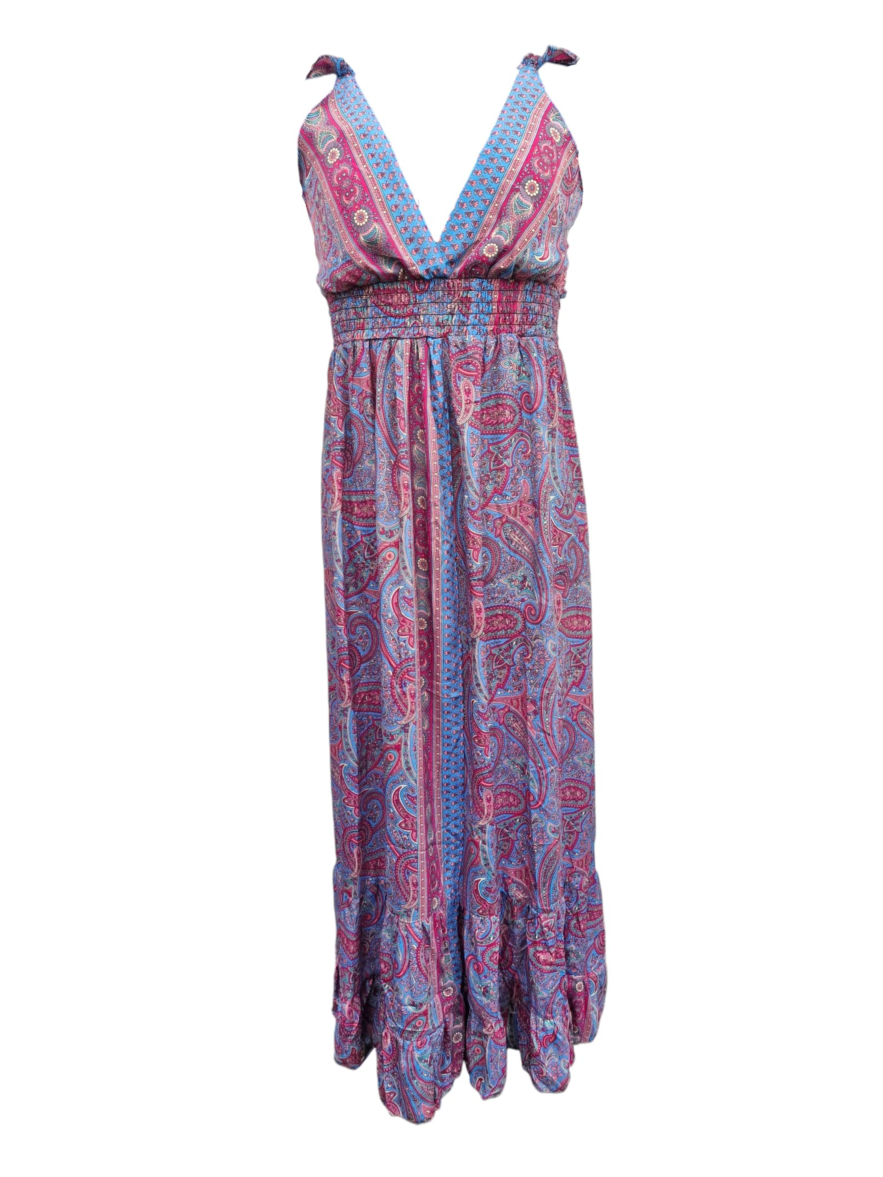 Långklänning med hög slits och smock Rosa och Turkos Paisley