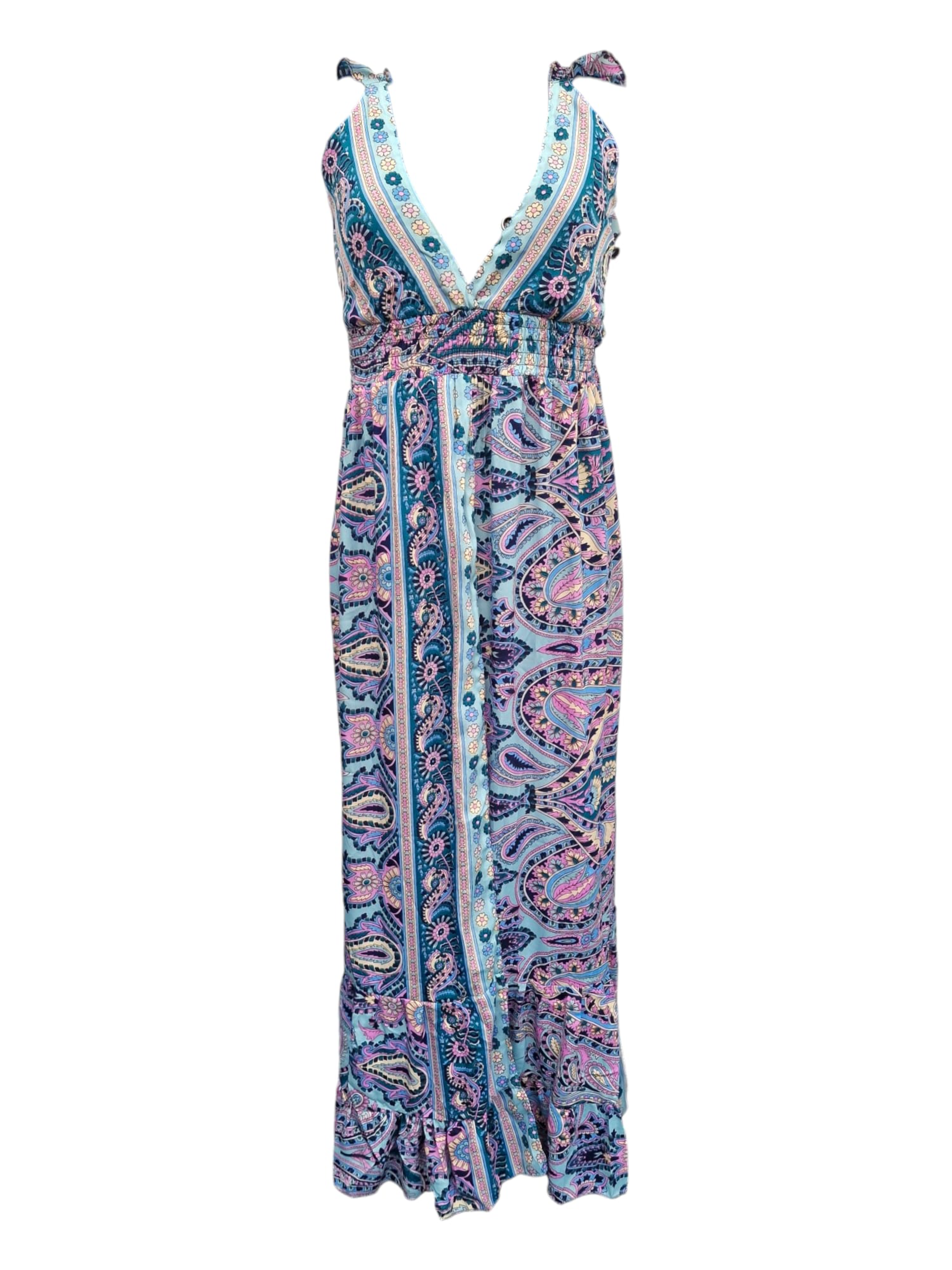 Långklänning med hög slits och smock Turkos Paisley