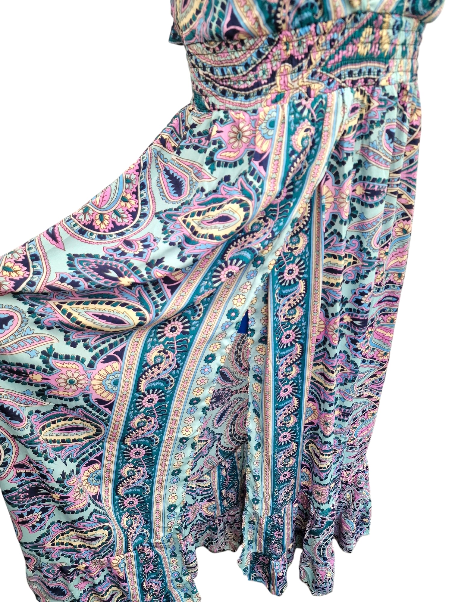 Långklänning med hög slits och smock Turkos Paisley Kjol