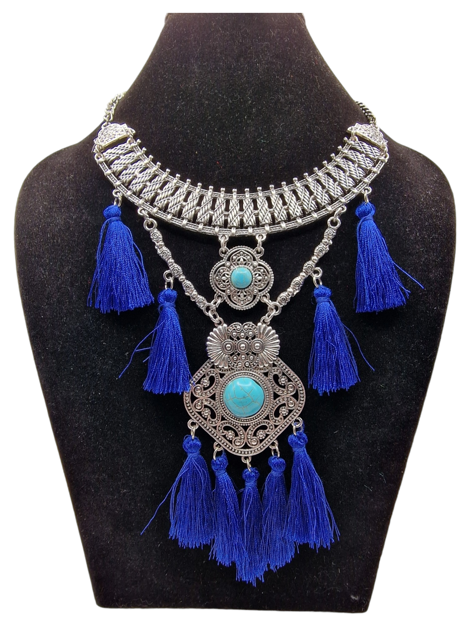 Stort bohemsikt silver halsband blå