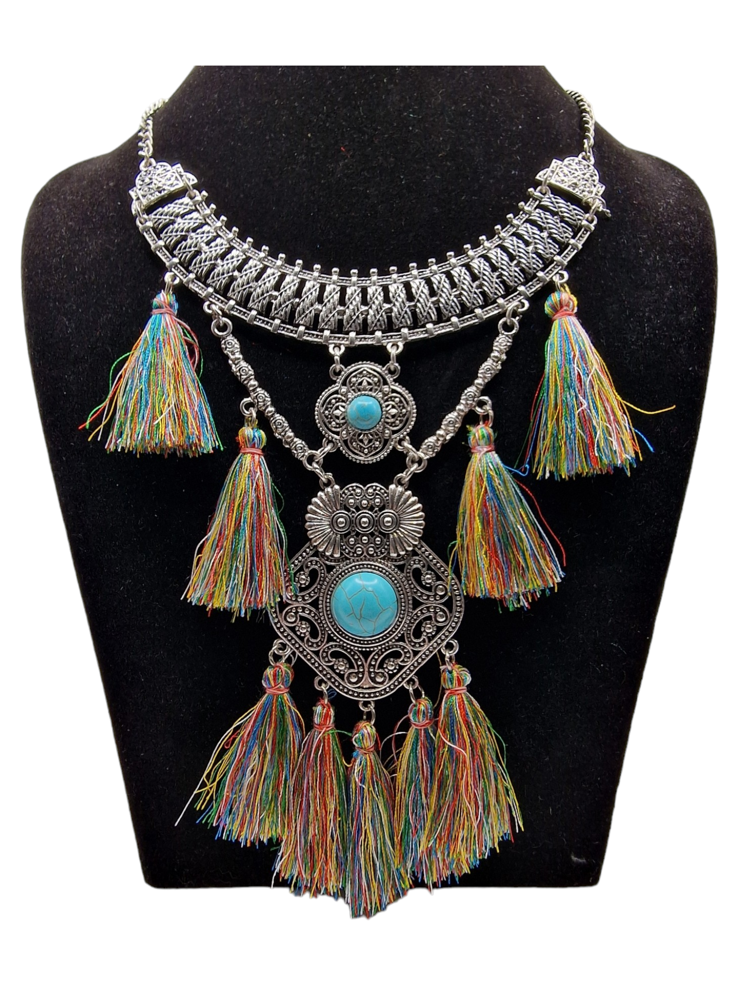 Stort bohemsikt silver halsband multifärgad