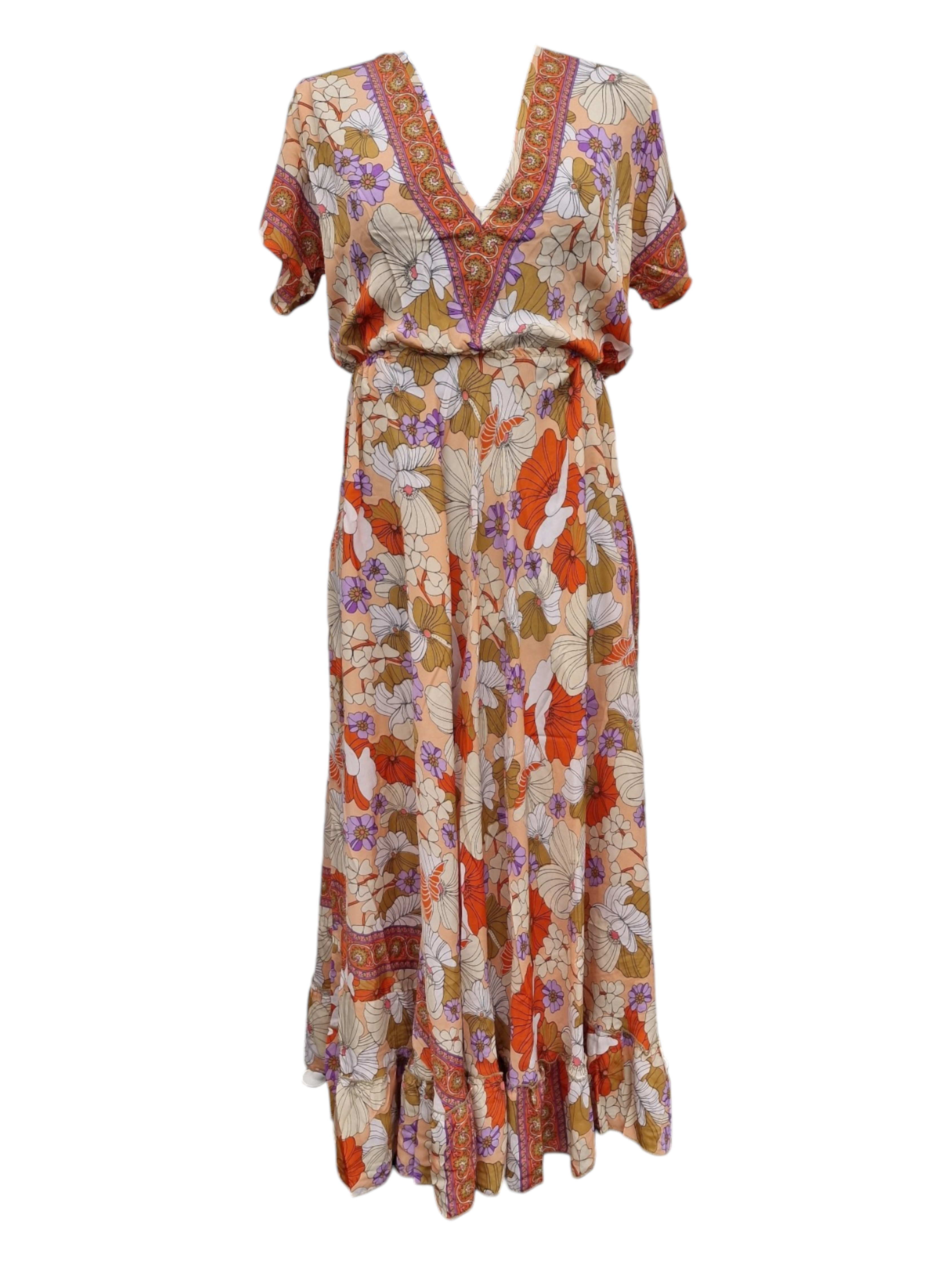 T-shirt klänning med vid kjol och blommönster Aprikos