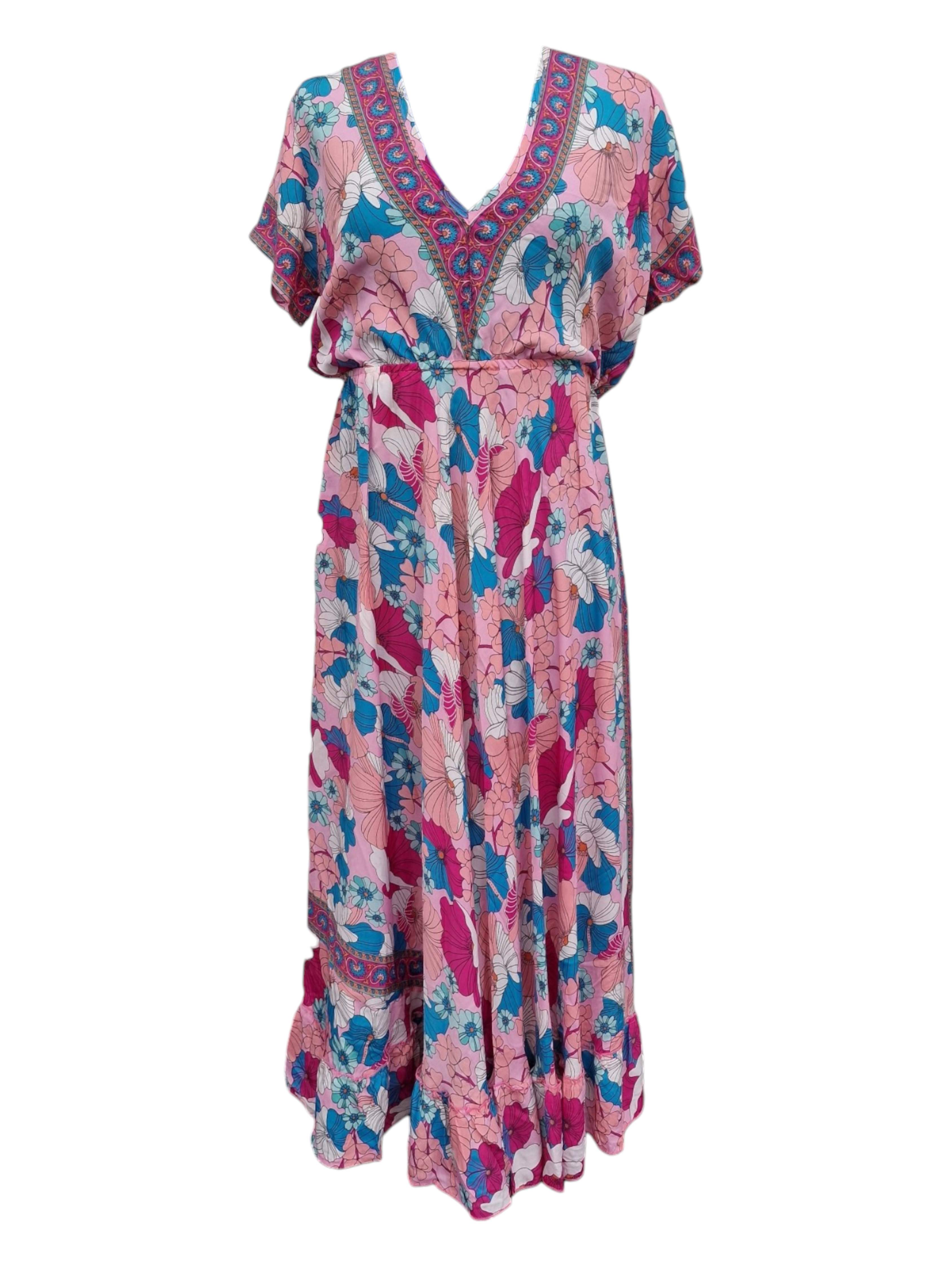 T-shirt klänning med vid kjol och blommönster Rosa