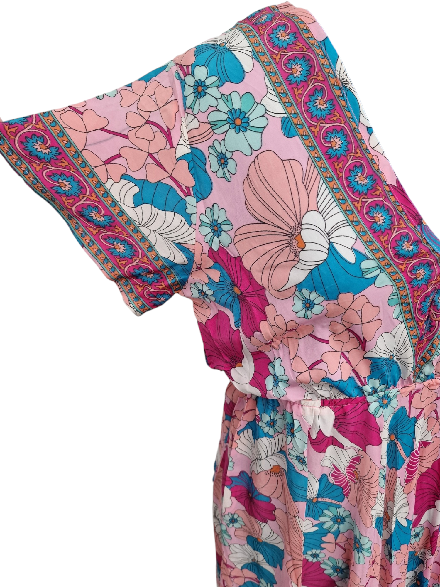 T-shirt klänning med vid kjol och blommönster Rosa Ärm