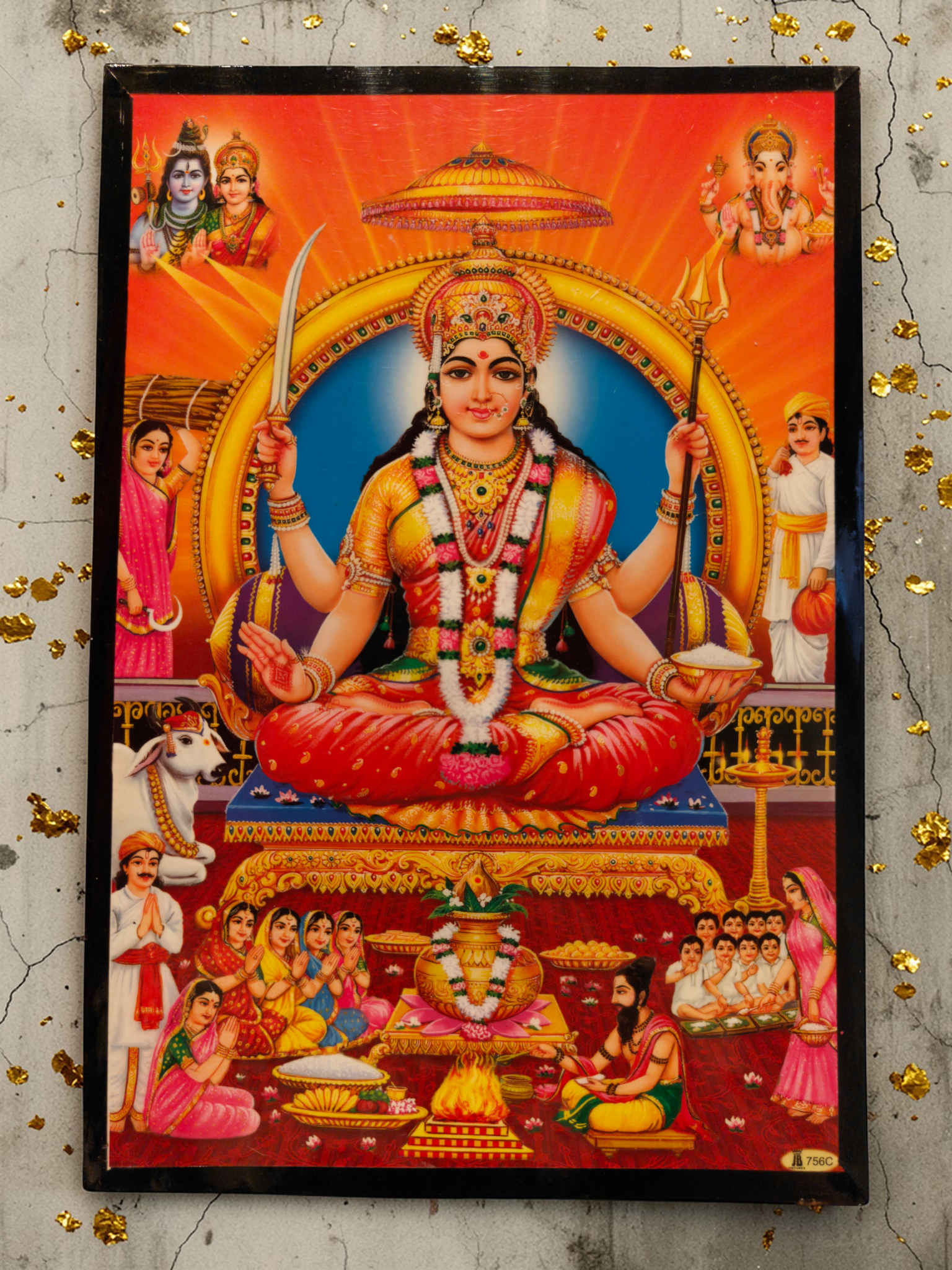 Santoshi Mata tavla med hinduisk gudinna och symbol för nöjdhet, harmoni och välgång