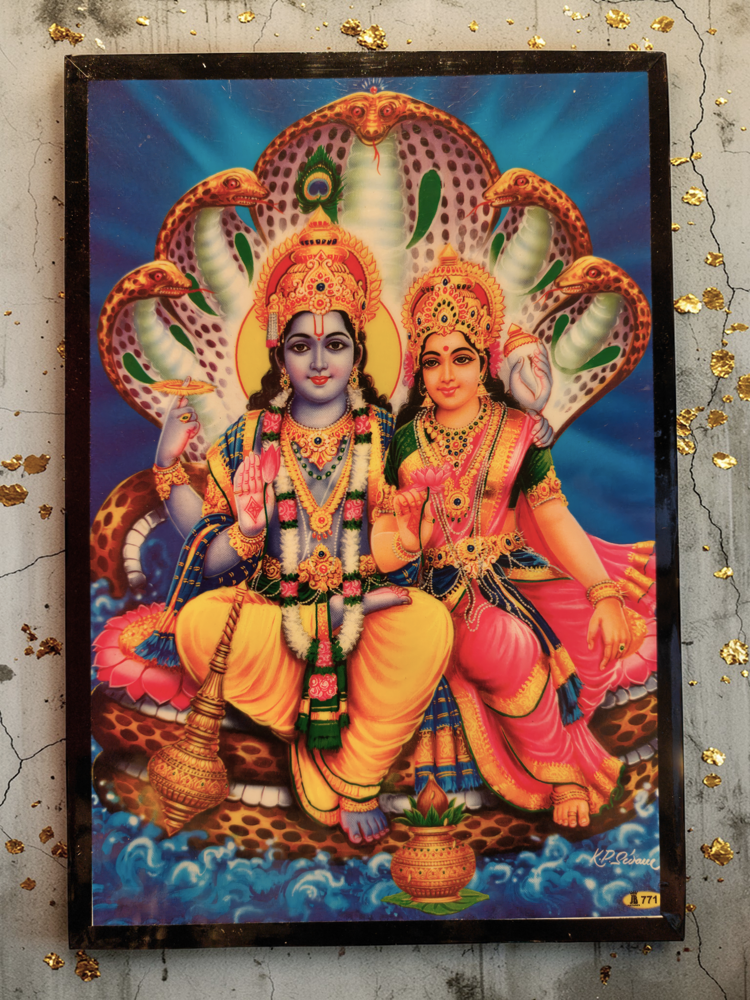 Tavla med Vishnu och Lakshmi – hinduiska gudomar för skydd, rikedom och harmoni